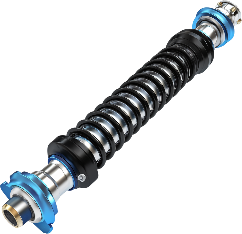 Sleek, Metallic Spring Device, A chrome and black spring is capped with blue elements, set against a stark black background. Tech-inspired design. png