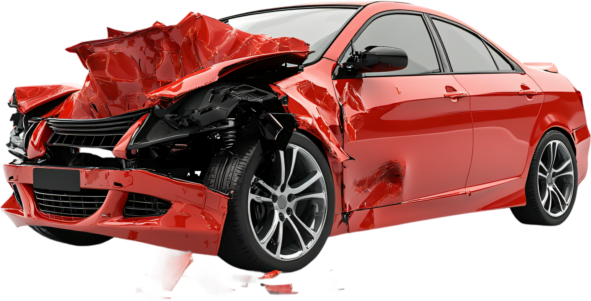 A severely damaged red sedan, frontal collision impact. The car's front is crumpled, emphasizing the intensity of the accident. png