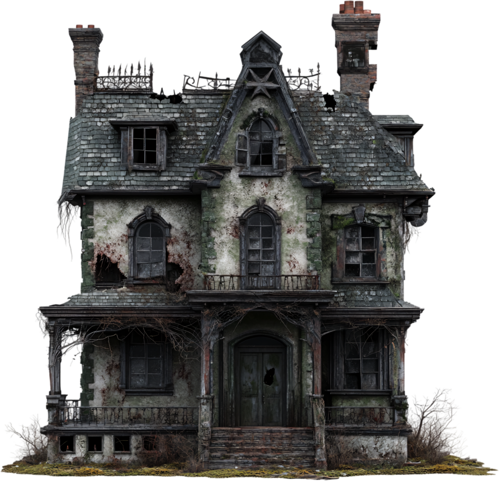 Eerie abandoned mansion with broken windows, decaying facade, and overgrown yard, evoking a sense of mystery and spooky architecture. png