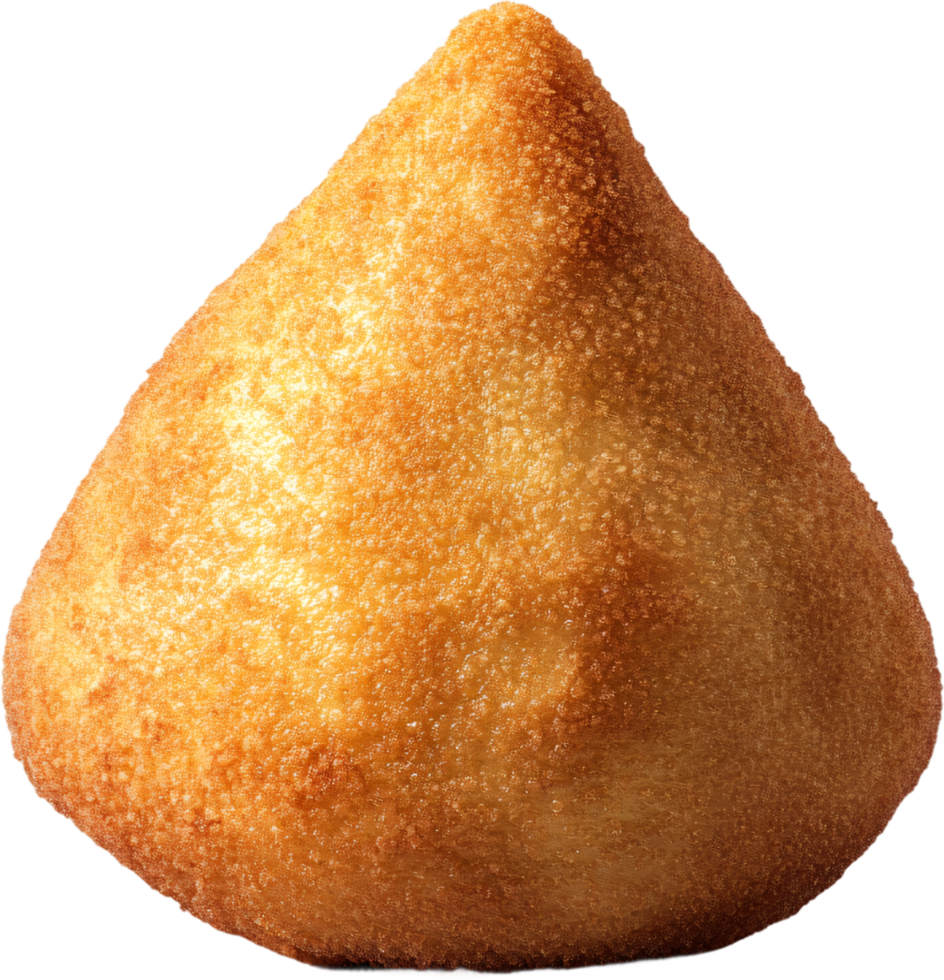 A close-up of a golden-brown, tear-drop shaped fried snack, coated in a crispy batter, standing against a black backdrop. png