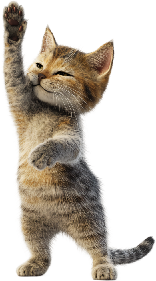 A happy and playful kitten strikes a charming pose, waving its paw in the air with a delightful expression. The background is solid black. png