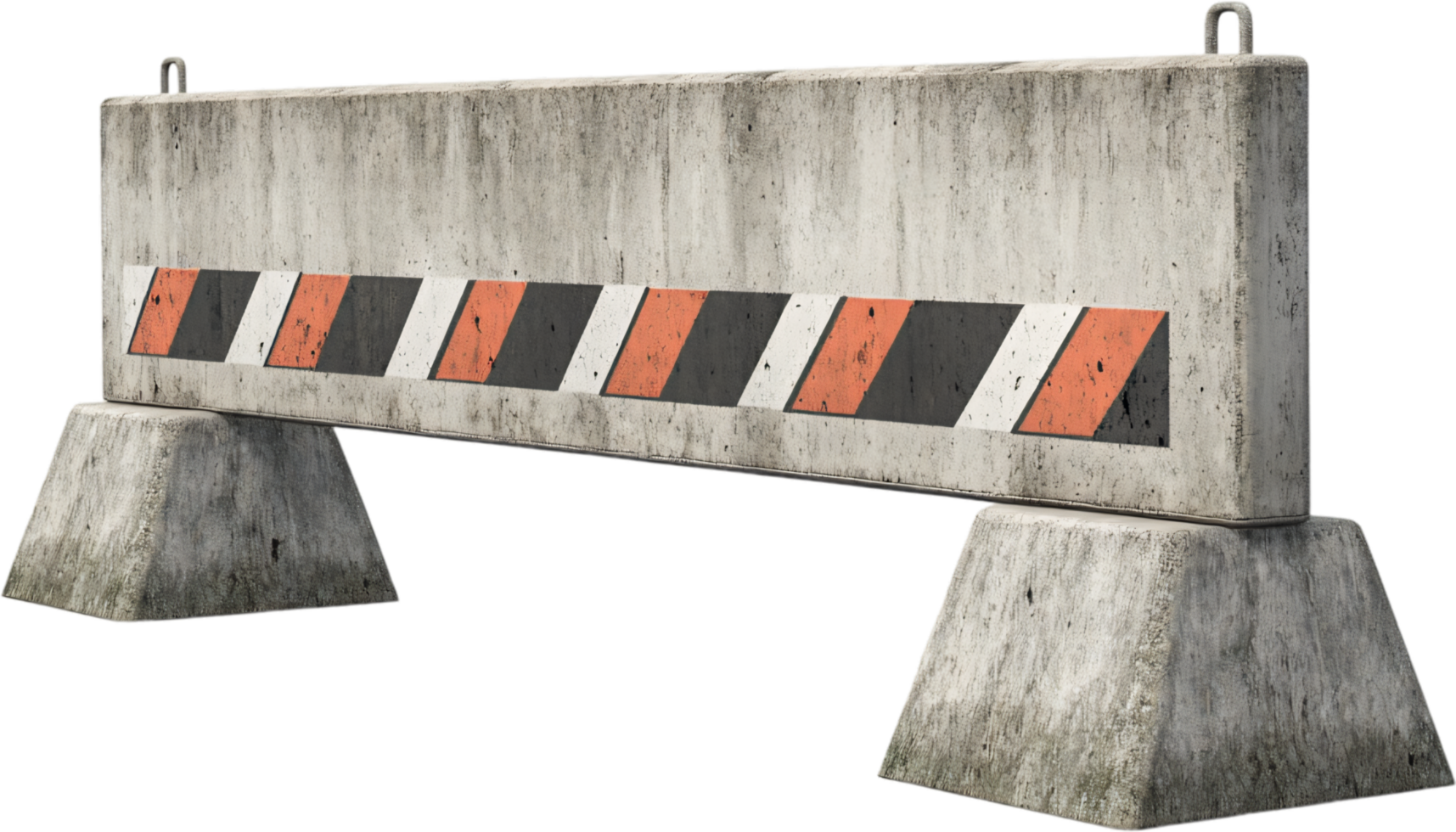 Close-up of a concrete barrier with orange and dark gray stripes. The barrier sits on two concrete bases against a black background. png