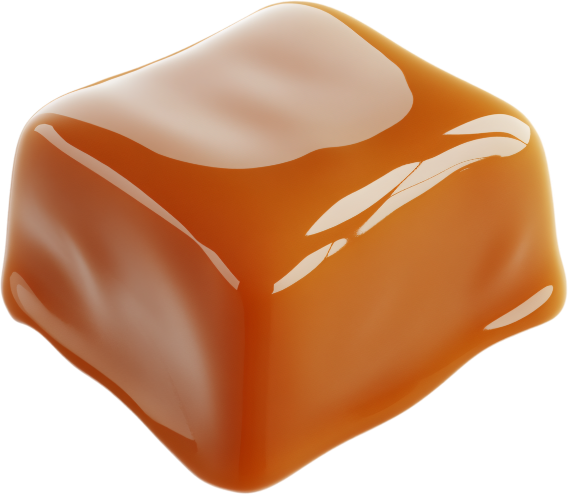 An artistic close-up of a single, glossy caramel candy, its smooth surface reflecting light in a delectable manner. png