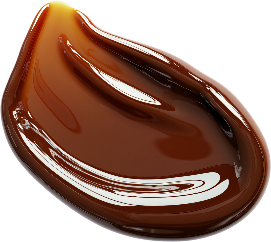 A glossy, flowing drop of rich caramel or chocolate sauce with smooth swirls and a reflective sheen against a dark backdrop. png