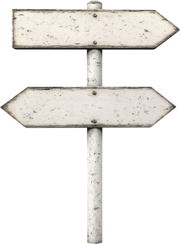 Weathered wooden signpost with arrows pointing in opposite directions, suggesting choices or different routes on a journey. png