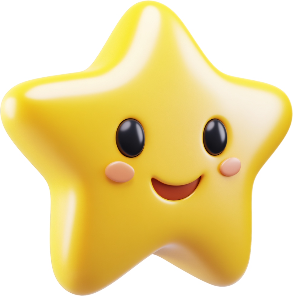 A charming, glossy yellow star with a friendly smile and rosy cheeks floats against a dark backdrop, radiating joy and cheerfulness. png