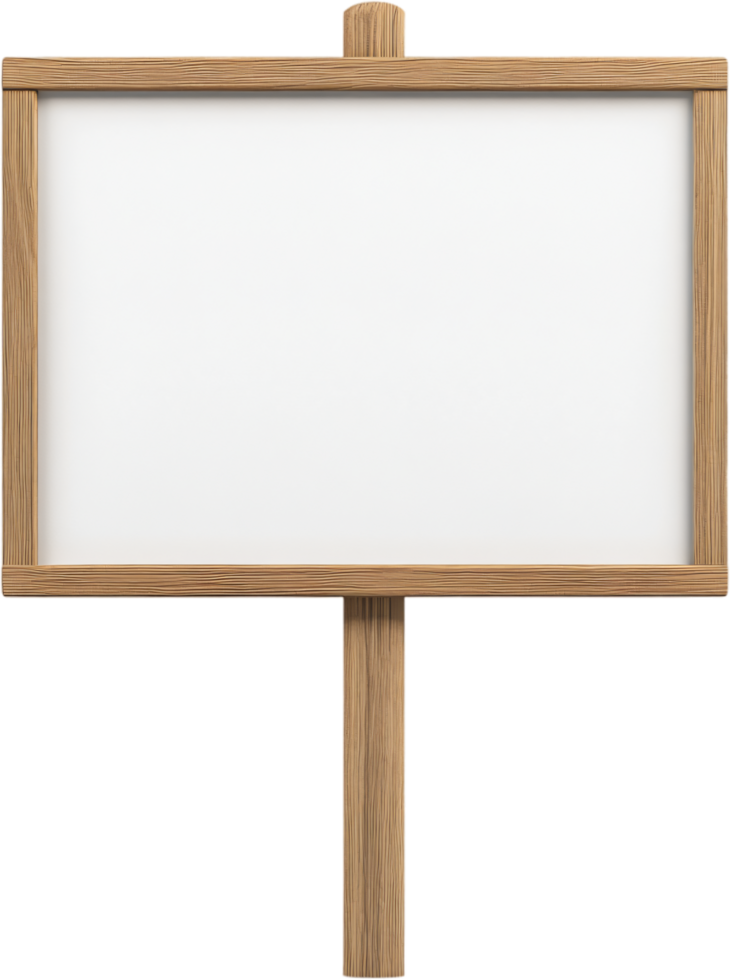 An empty wooden framed sign on a post provides a blank canvas for your creative messaging, ready to display information or directions. png