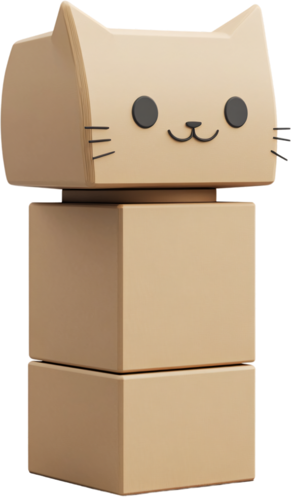 Stylized robotic cat made from stacked cubes forming a whimsical and modern digital design. Simple features convey feline essence. png