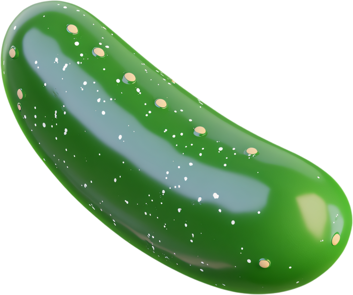 A shiny green pickle with white and tan dots. A pickled vegetable used for preservation or as a snack. Rendered still life. png