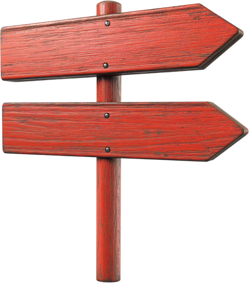 Red wooden directional sign pointing in opposite directions, ideal for wayfinding or illustrating choices and decisions in rustic design. png