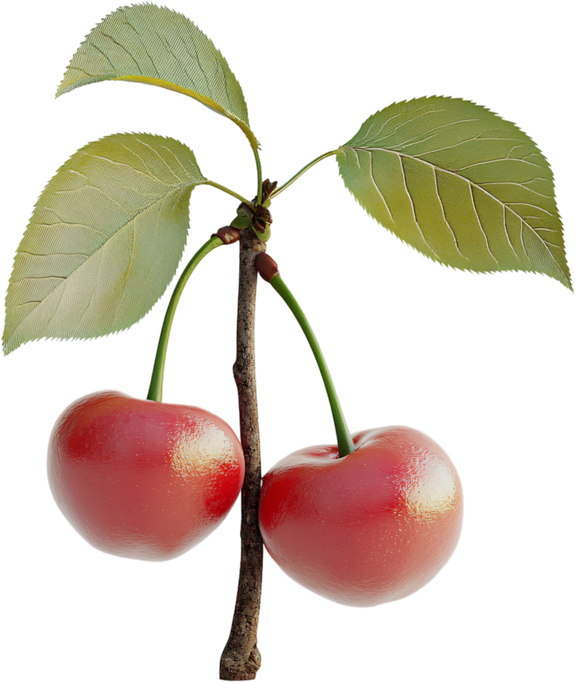 Two ripe cherries hang from a small branch with green leaves, isolated on a black background. A delicious summertime treat png