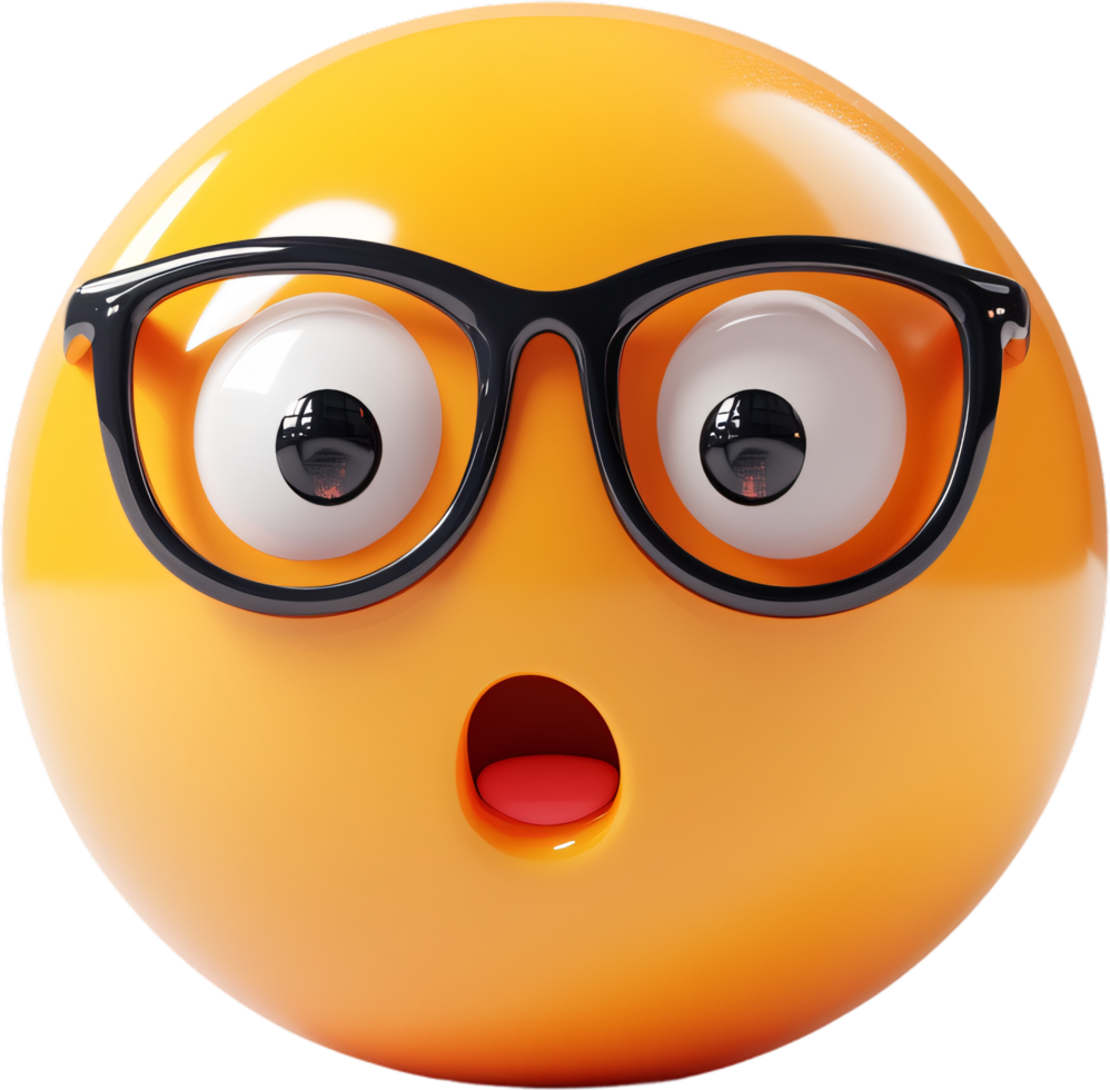 Surprised emoji with glasses, Bright yellow, wide-eyed, and mouth open in shock. Perfect for conveying disbelief or astonishment. png