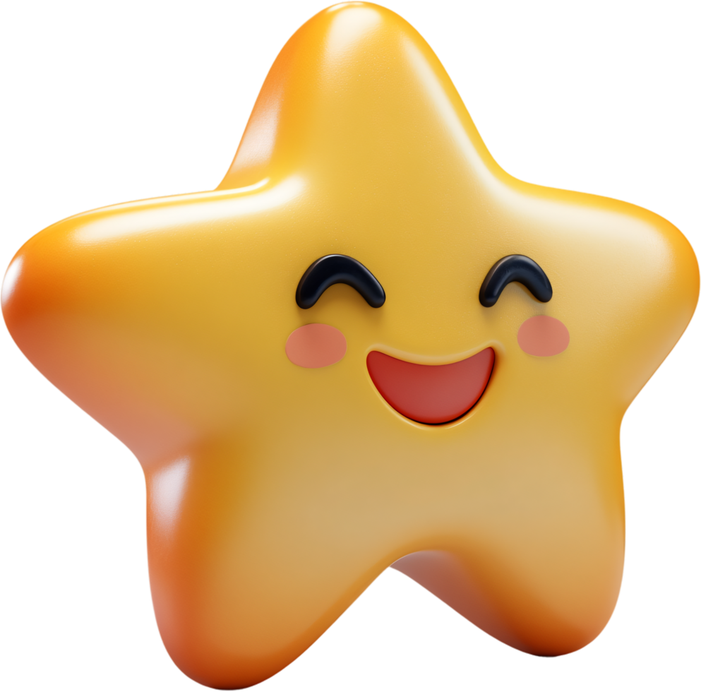 A cheerful, 3D rendered yellow star with a smiling face, creating a friendly and approachable expression on a solid black background. png