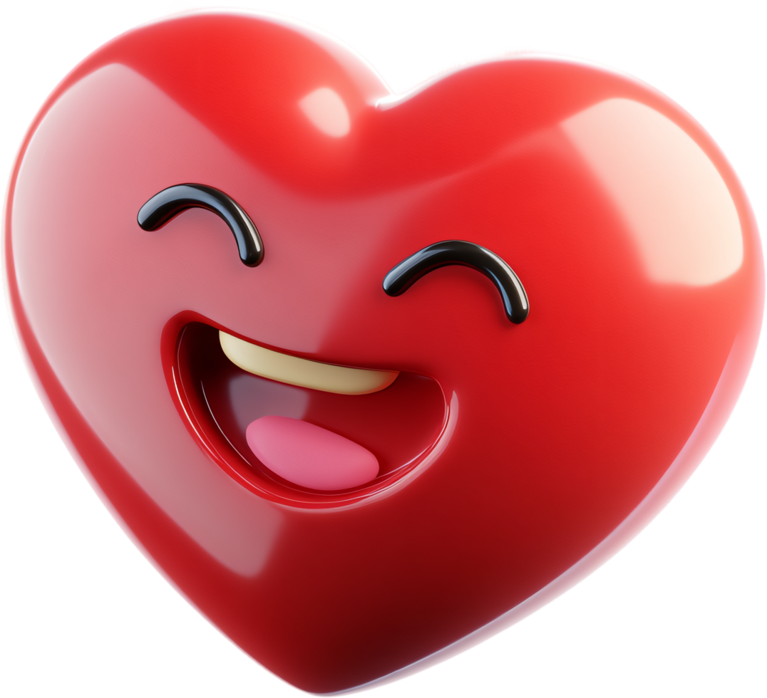 A red, heart-shaped emoji smiles widely, radiating joy and affection. The glossy surface highlights its cheerful expression. png