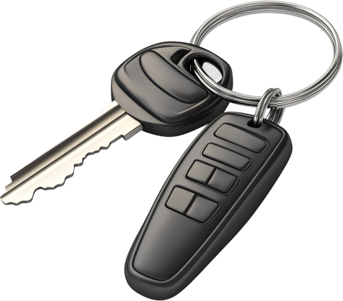 Vehicle Key with Remote. Close-up of car key and remote on keyring against a black backdrop, symbolizing access, security, and technology. png