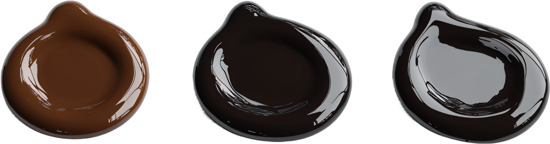 Three glossy blobs of color, ranging from rich brown to deep black, each shaped like a teardrop, reflecting light on a dark background. png