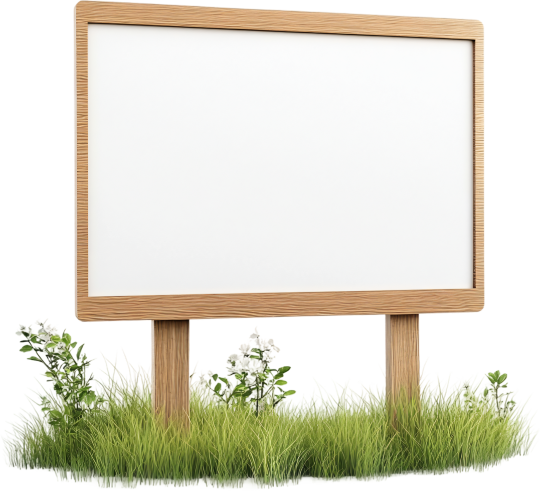 Outdoor notice board featuring a wooden frame, blank white surface, and lush green grass surrounding its base. Ideal for announcements. png