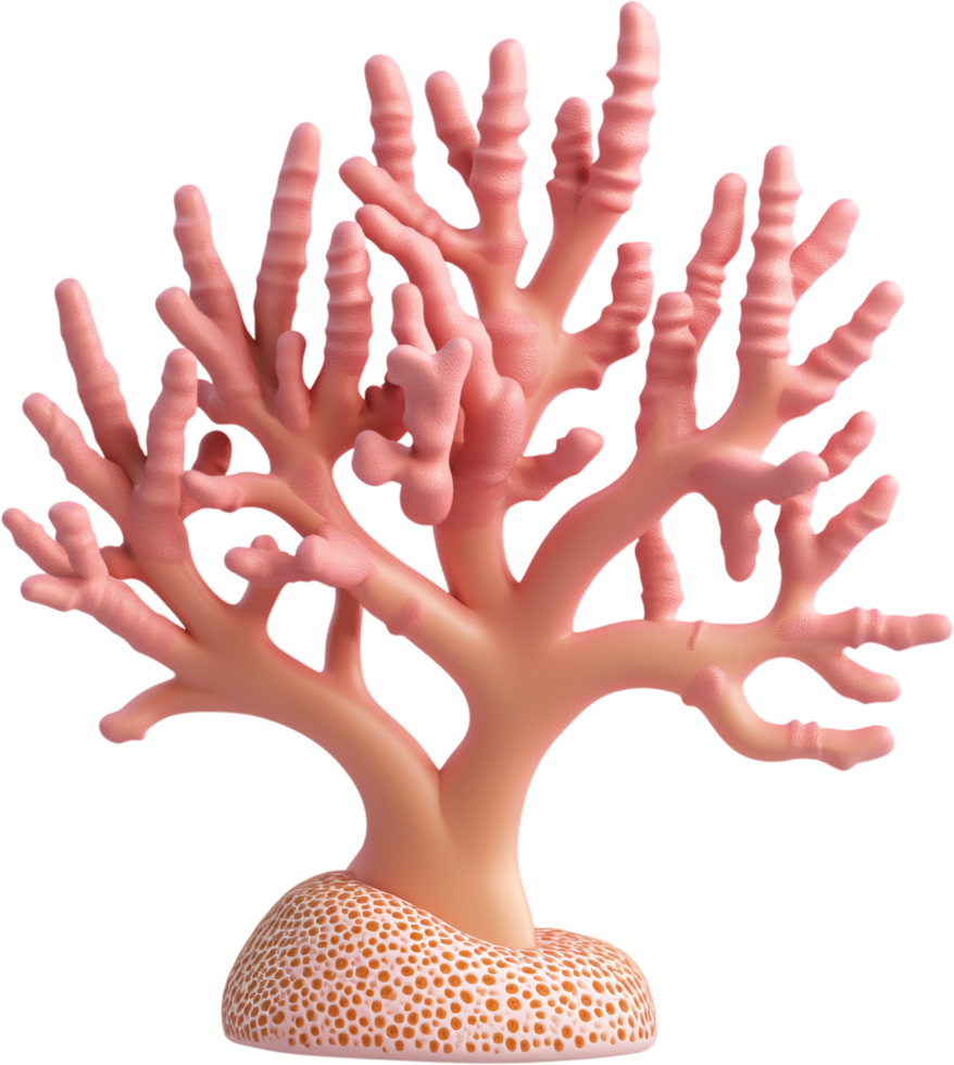 A stylized depiction of a coral specimen with its branching formation, set against a stark black backdrop. The coral is a soft, pink hue. png