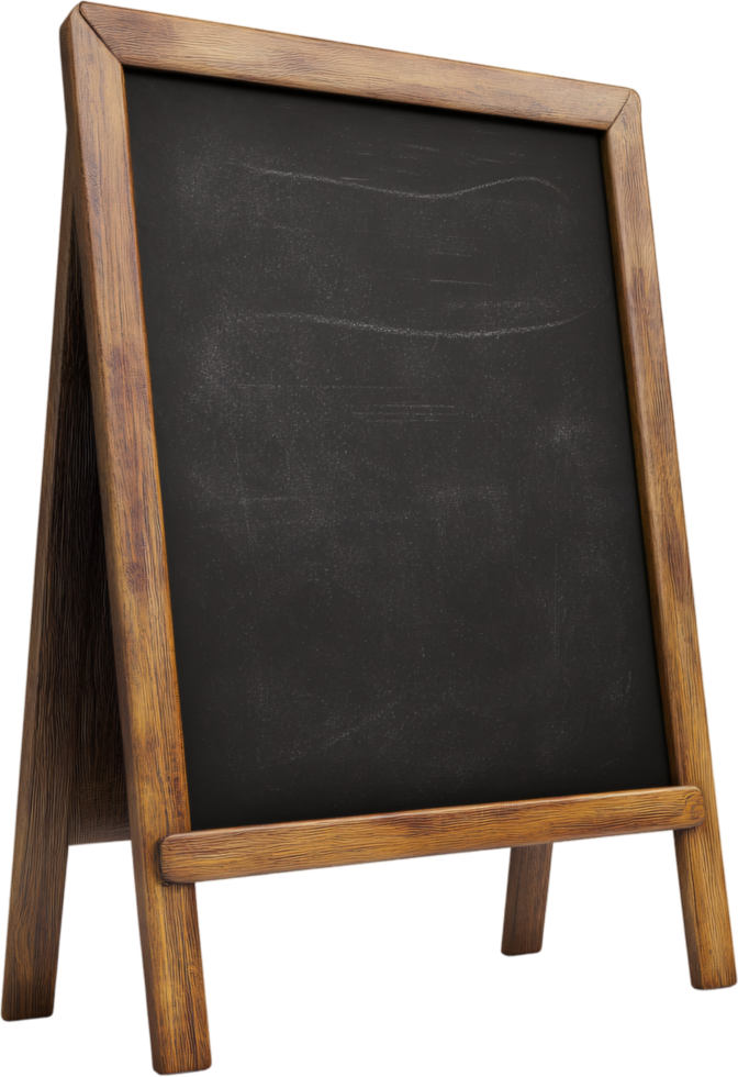 A-frame chalkboard with dark surface and wooden frame is ideal for menus, specials, sales or advertisements at your business or event. png
