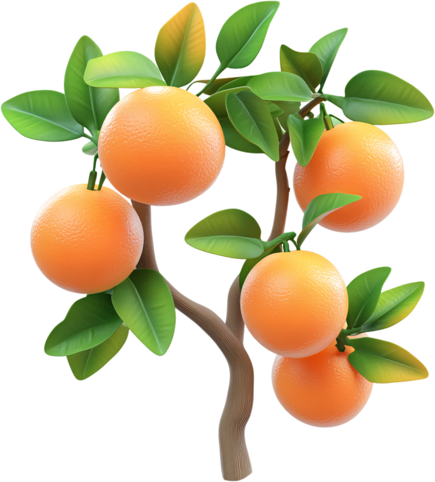 A small tree with vibrant oranges and glossy green leaves against a clean background, radiates freshness and represents vitality. png