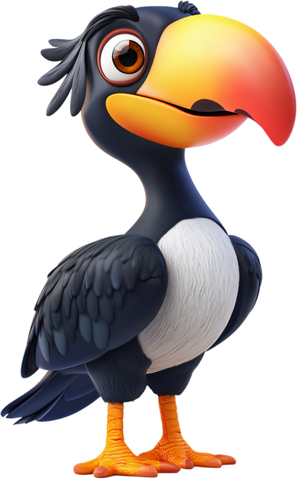 Cartoon bird with a large, colorful beak, dark blue feathers, and white chest stands on bright orange legs. Its eye is brown and round. png