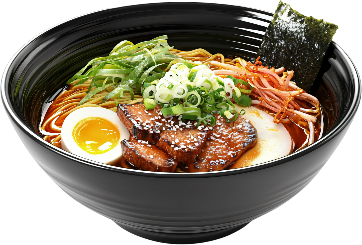 Delicious Asian cuisine featuring noodles in rich broth with tender meat, vegetables, and a soft-boiled egg, and a seaweed garnish. png
