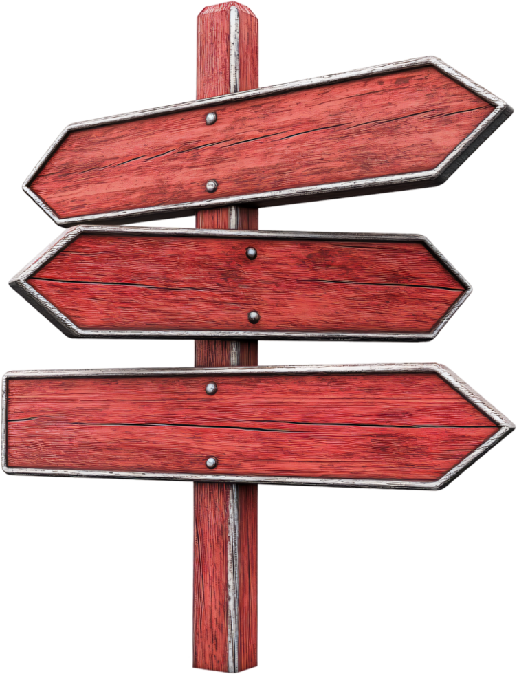 A rustic, weathered, red wooden signpost with three directional arrows pointing to different paths on a black background. png