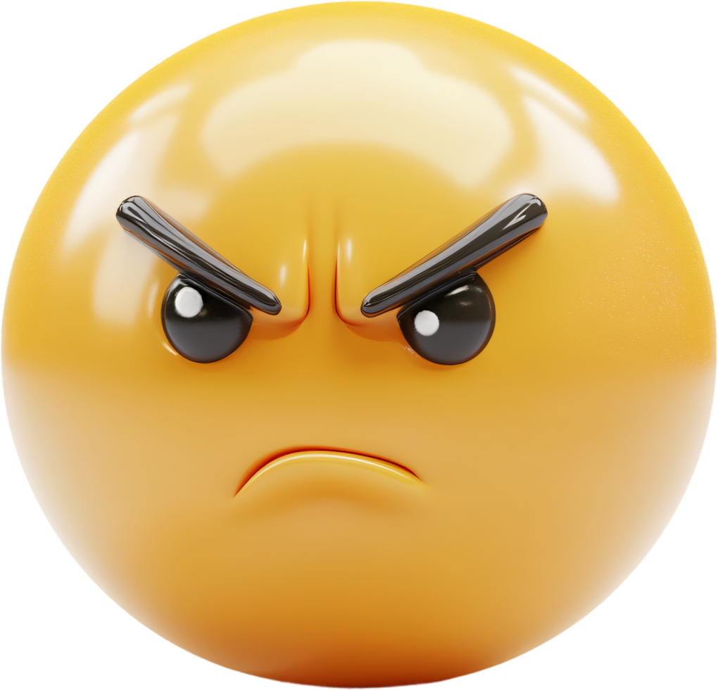 Anger depicted by a 3D rendered emoji. The image shows a yellow face with furrowed eyebrows and a scowling expression. png