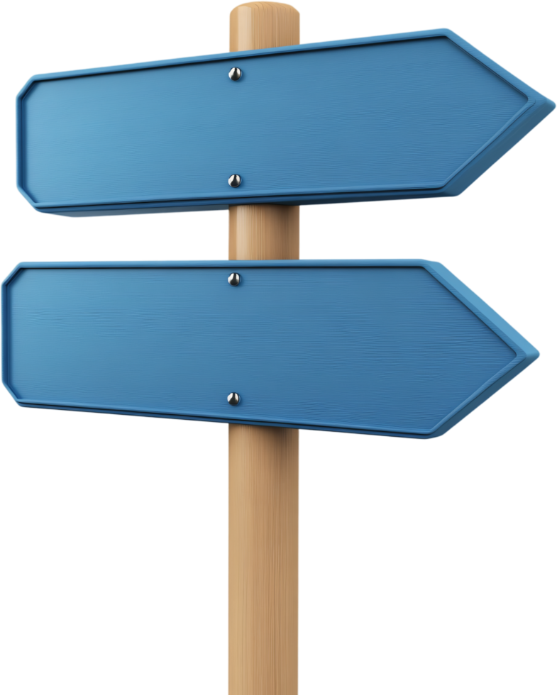 Blue directional signs point in opposite directions on a wooden post, offering guidance or a choice between two possible paths. png