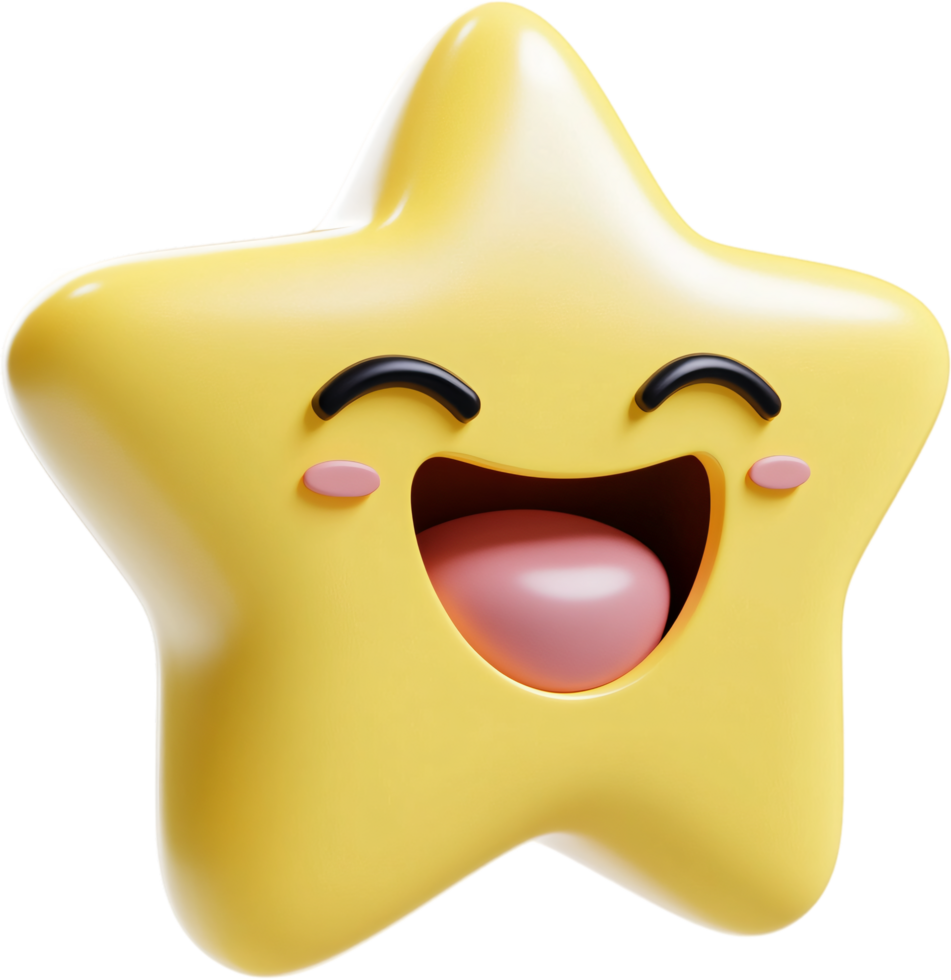 A cheerful yellow star cartoon character with a happy, open-mouthed smile and rosy cheeks, creating a playful and inviting ambiance. png