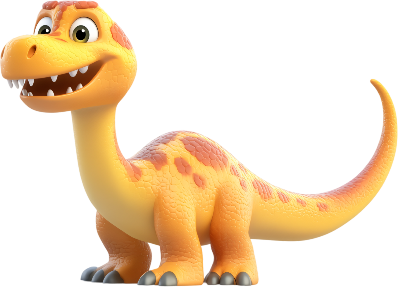 Friendly cartoon dinosaur with yellow and orange skin and brown spots, standing and smiling. Cartoon illustration, with detailed rendering. png