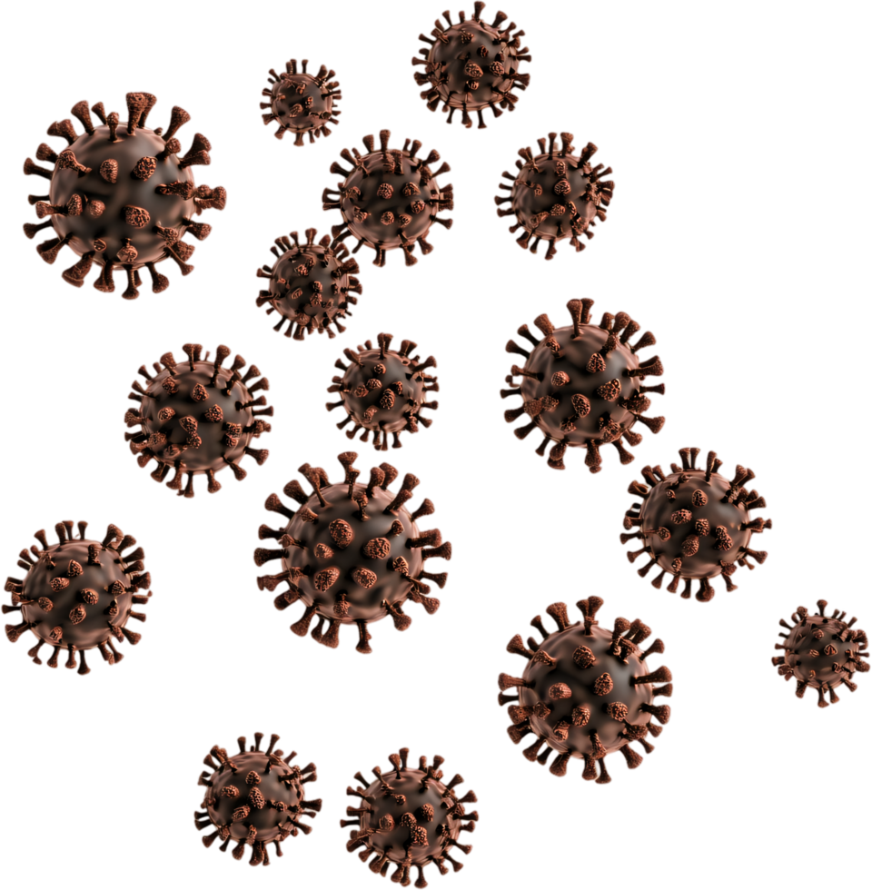 A microscopic view of multiple virus cells, each sphere covered in spike proteins, floating against a black background to show viral presence. png