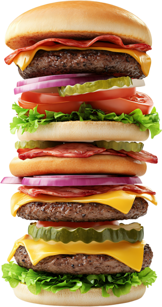 Stacked high with layers of flavor, a delicious burger features juicy patties, crisp vegetables, cheese, and savory bacon. png