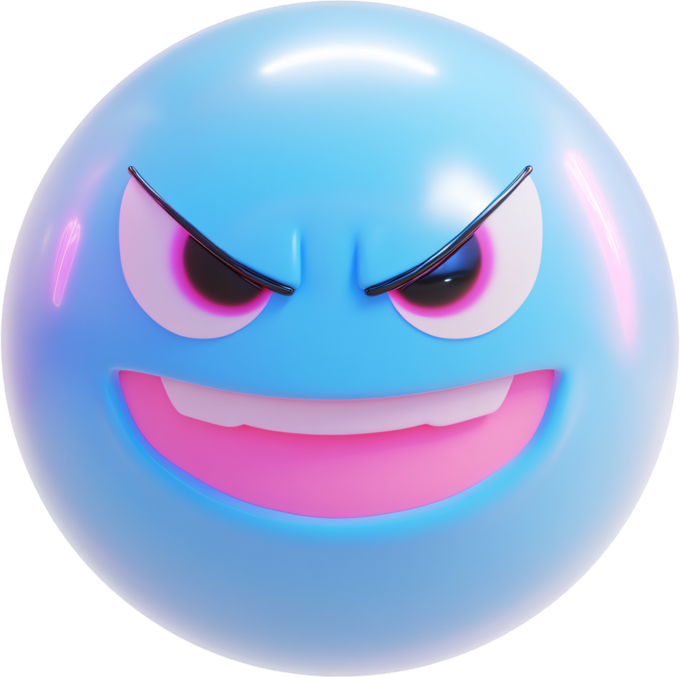 Menacing blue orb with a sinister expression, glowing eyes, and a wide grin that conveys mischievous intent and cartoonish villainy. png