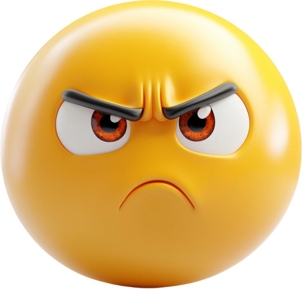 A 3D rendering of a yellow emoticon with an angry expression. The face features furrowed brows and a frowning mouth, conveying displeasure. png