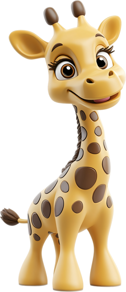 Adorable cartoon giraffe standing tall with big eyes and a gentle smile, its spotted pattern adding to its playful charm. png