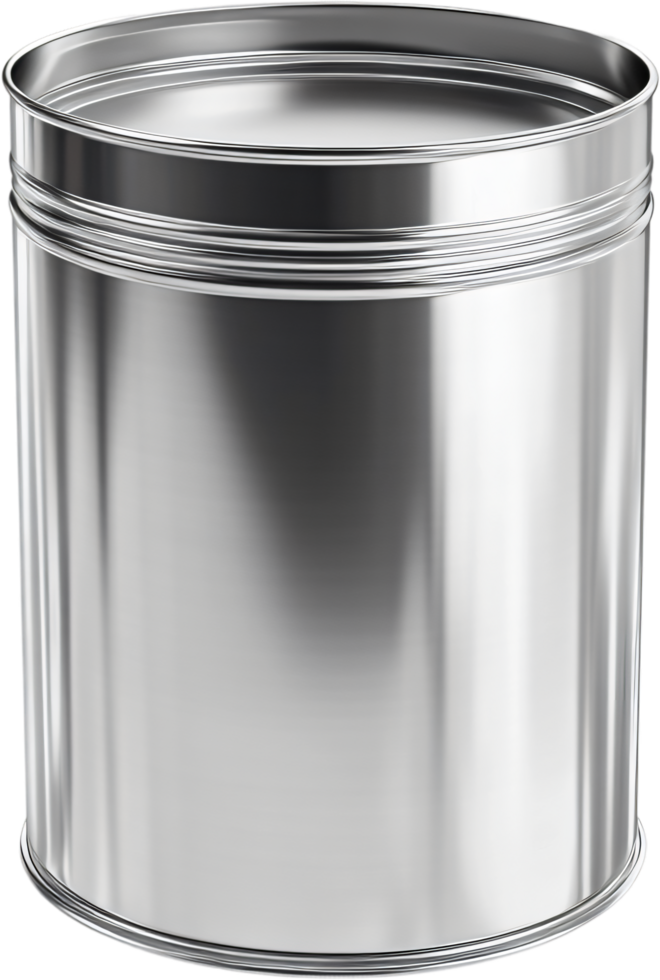 Shiny, silver metal container with clean lines and minimalist design. Industrial look for storing various items with a reflective surface. png