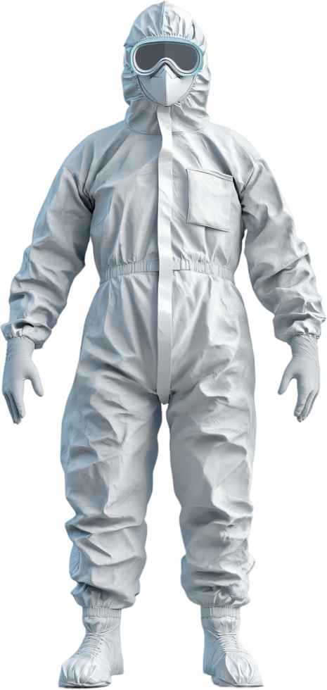 Full body shot of a person wearing a white protective suit, mask, gloves, and goggles against a black background. Studio lighting with a full body view png