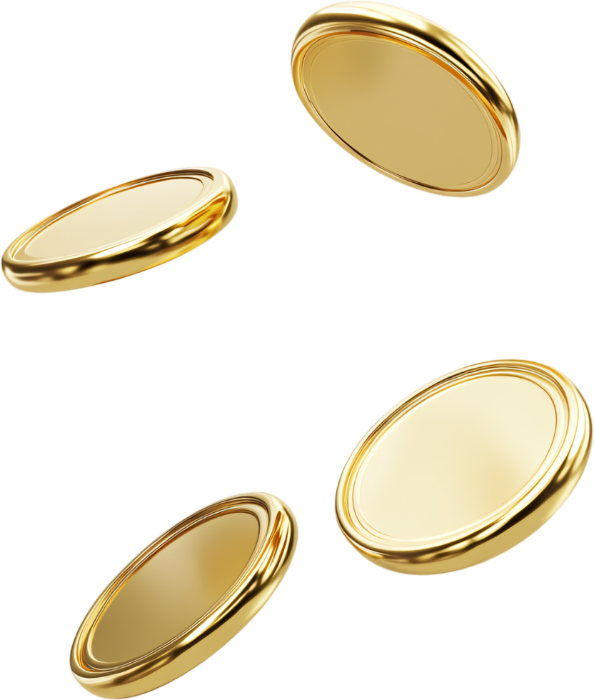 Golden coins flutter in the air, glinting against a stark black backdrop, symbolizing wealth and prosperity. Simple, elegant design. png