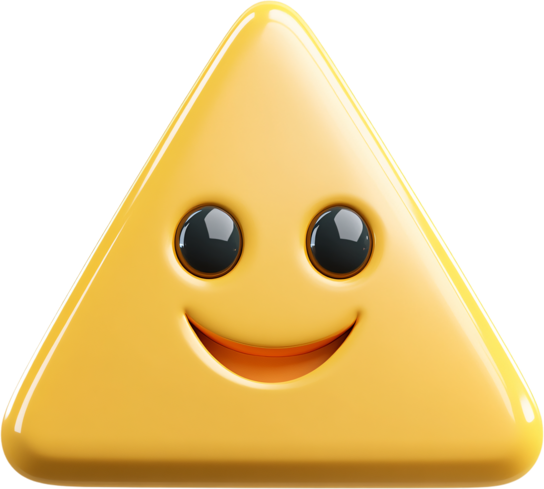 Happy yellow triangle character with glossy eyes and a smile against a black background. Fun cartoon shape with positive vibes. png