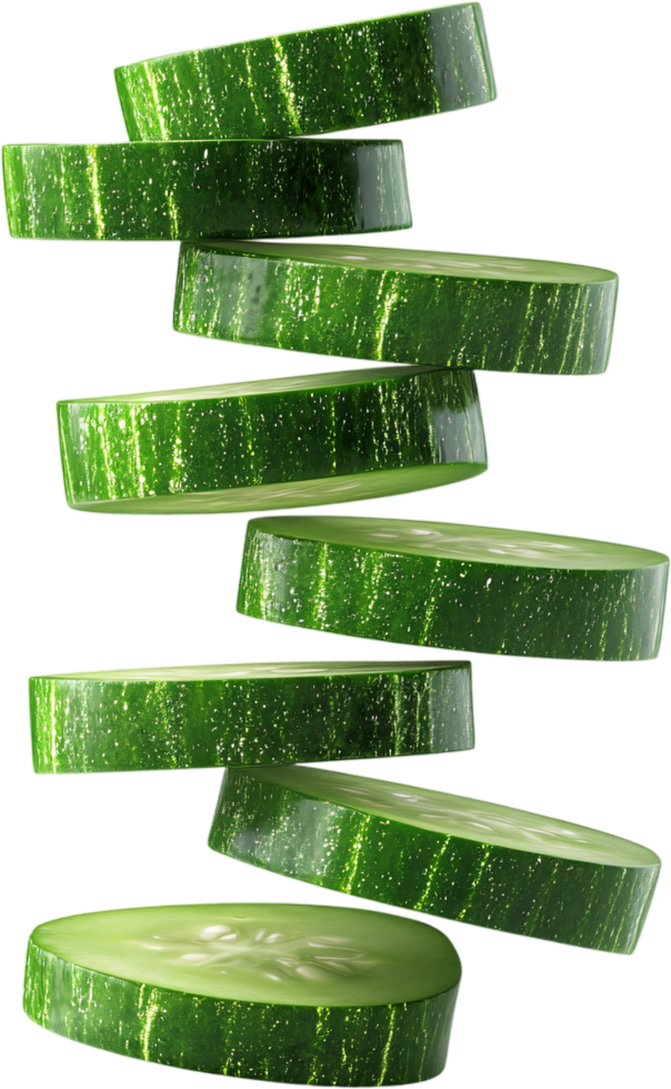 Floating cucumber slices arranged vertically on a black background. A stack of green, round, fresh, and tasty slices of vegetable. png