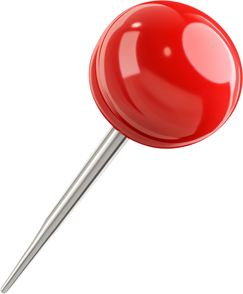 A glossy red push pin stands out against a stark black backdrop. The pin is poised for use, symbolizing precision and focus on goals. png