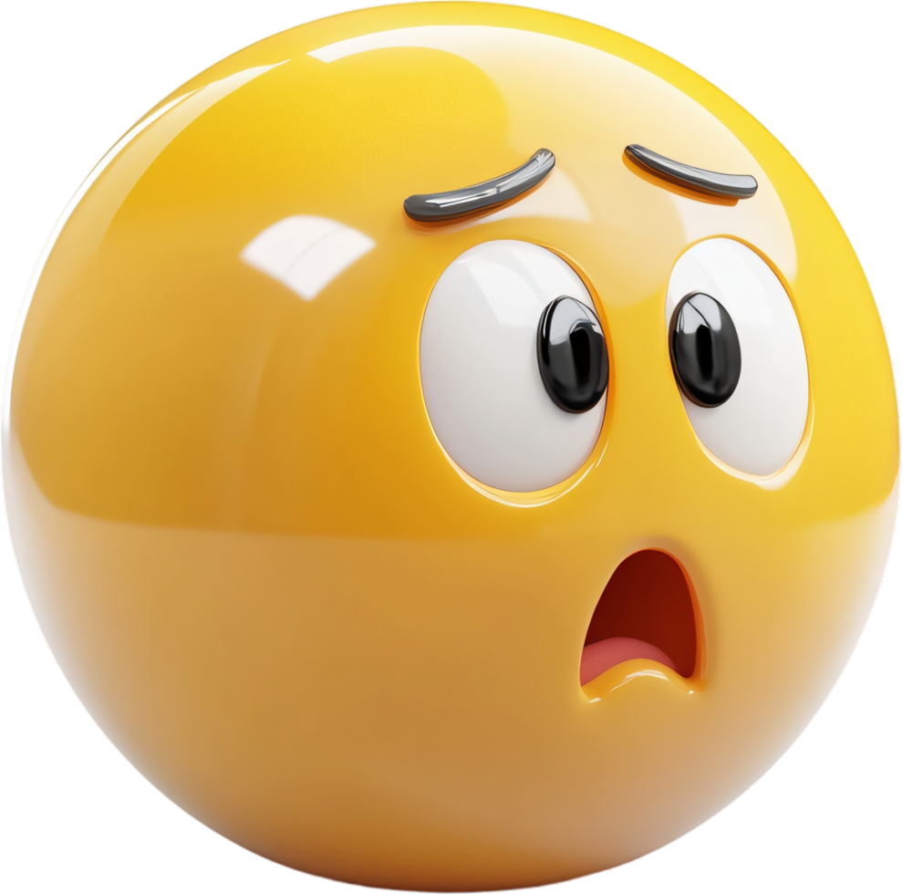 A bright yellow emoji with wide, glossy eyes and a small, slightly open mouth conveying shock, surprise, or disbelief with furrowed brows. png
