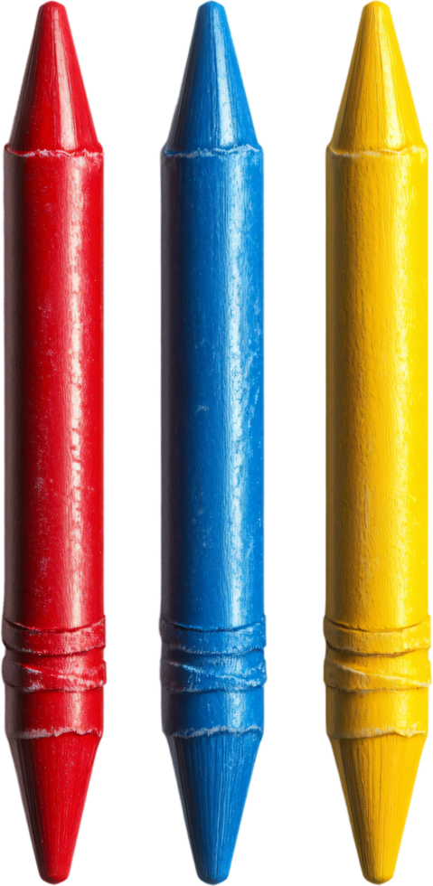 A vibrant trio of crayons, presented in primary colors, offering a nostalgic nod to childhood art and creative expression. png