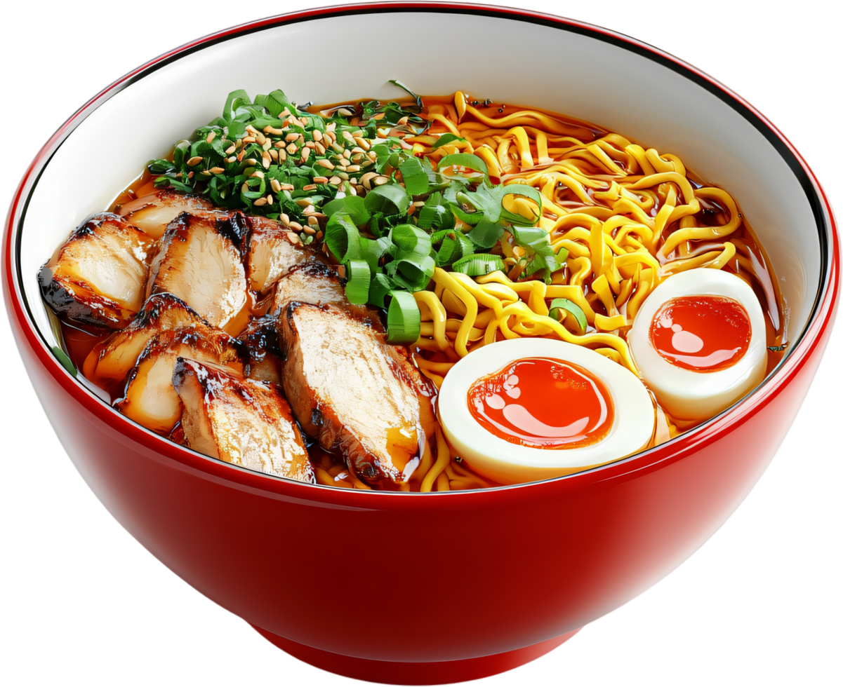Delicious ramen bowl filled with savory pork, soft boiled eggs, and fresh scallions in a rich broth. Comfort food at its best png