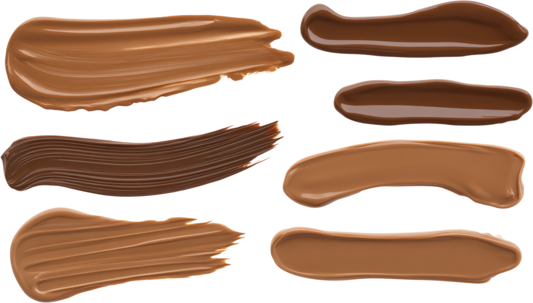 Diverse shades of foundation in streaks offer a glimpse into beauty's artistry, providing a palette of skin-tone colors. png