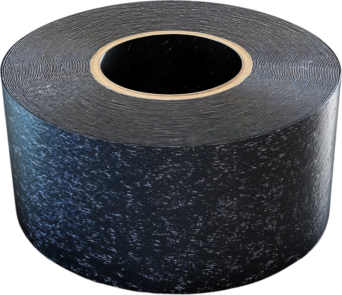 Large black roll of barrier material on black backdrop. Textured surface and concentric layers form a captivating industrial product. png