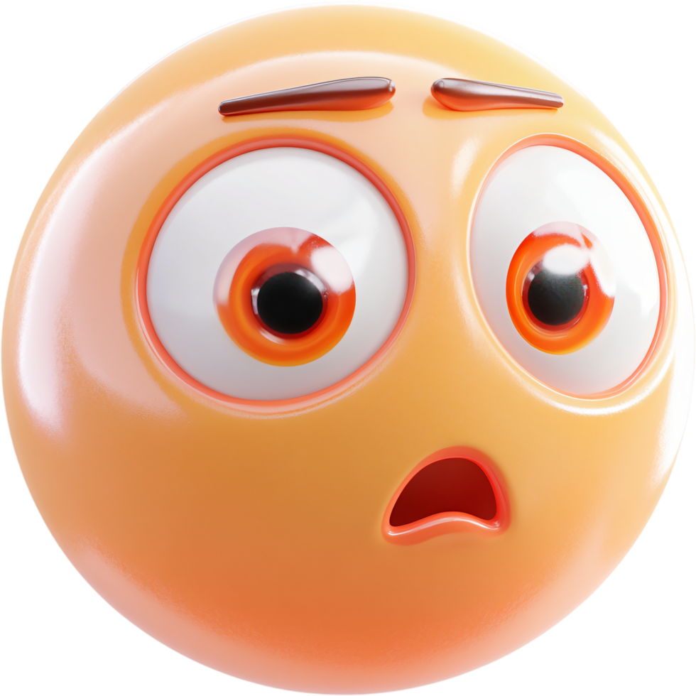 Surprised face rendered in 3D. Big eyes and open mouth express shock. Light orange color and smooth texture. Floating on dark background. png