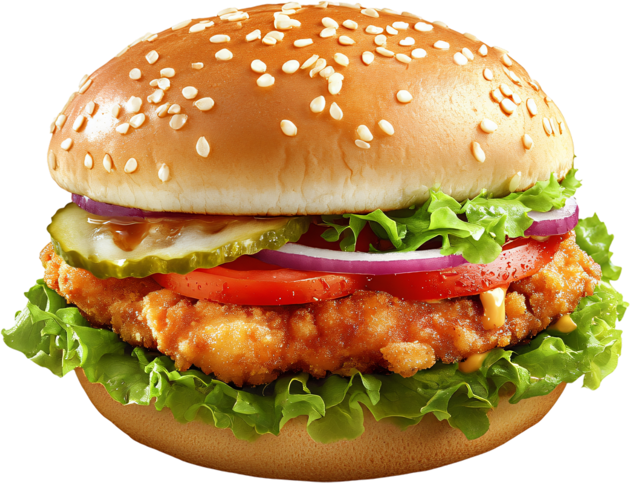 Delicious chicken sandwich with fresh toppings and a sesame seed bun, a perfect quick and satisfying meal. The layers create a mouthwatering bite png