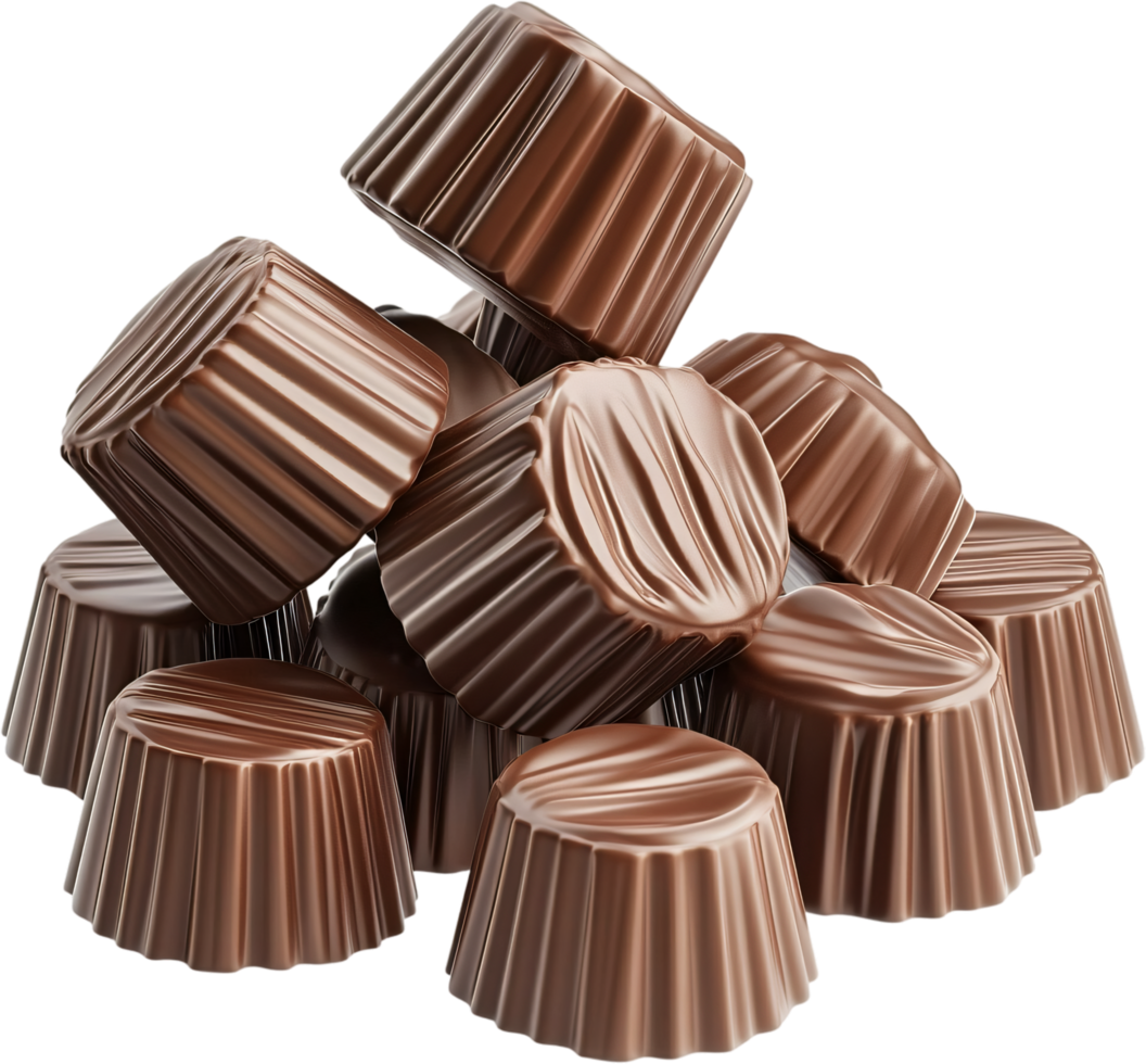A captivating stack of delectable chocolate treats, glossy and smooth. These tempting candies are a sweet indulgence. Decadent treats await. png